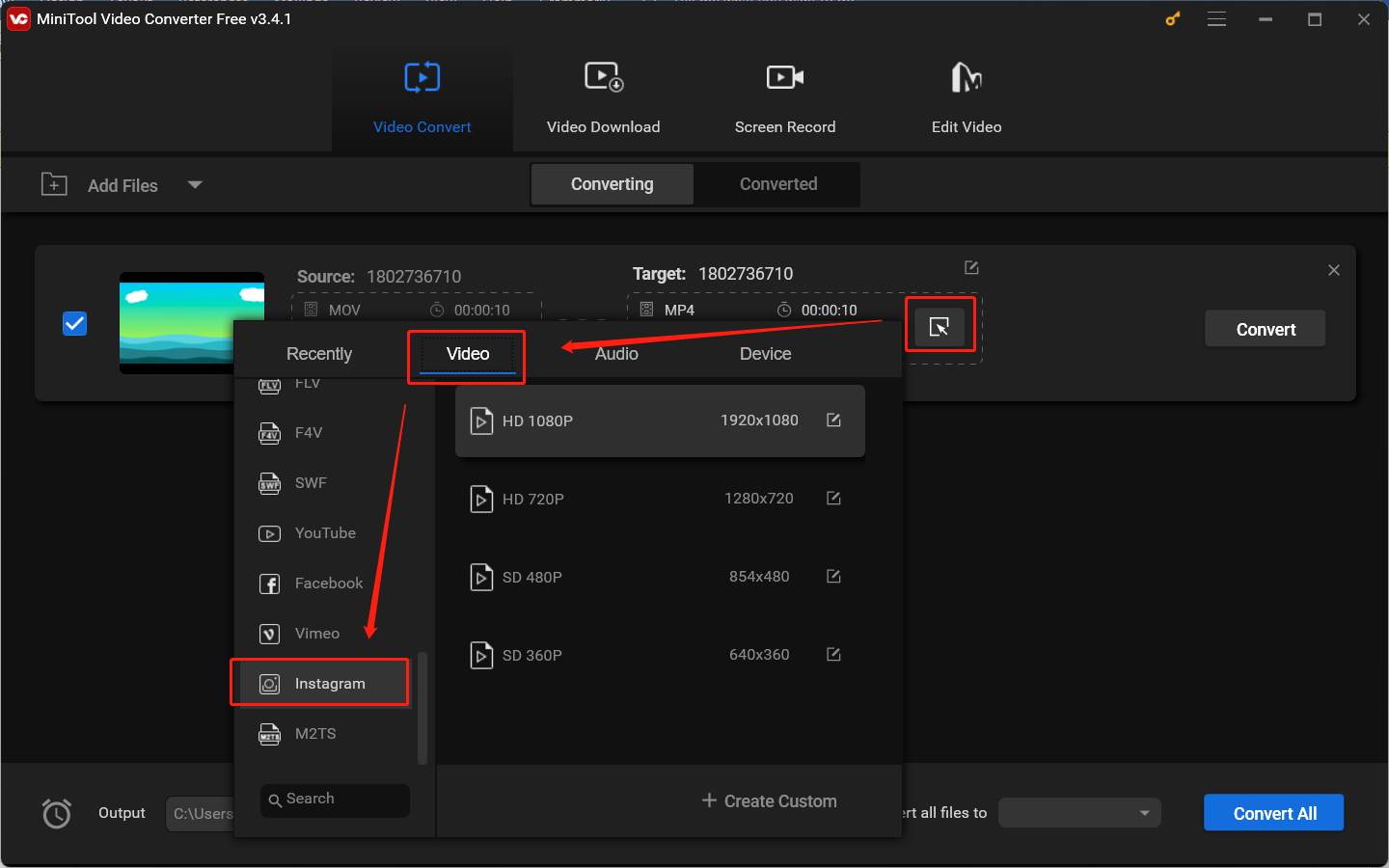 convert MOV to Instagram