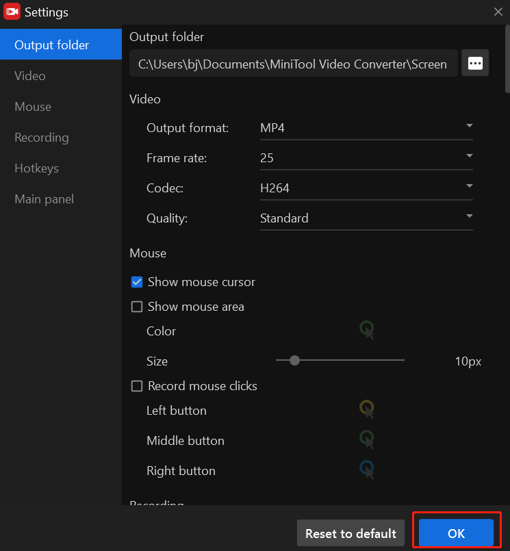 the Settings window of MiniTool Screen Recorder