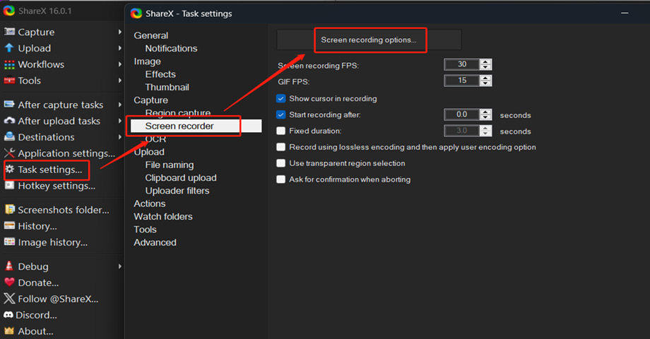 choose Screen recording options