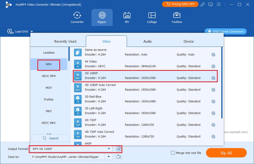 choose MP4 with HD 1080P as the output format