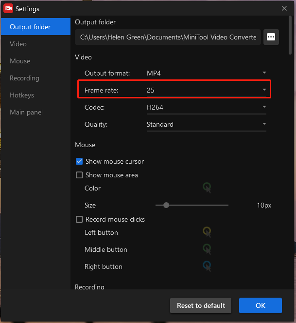 select frame rate to record