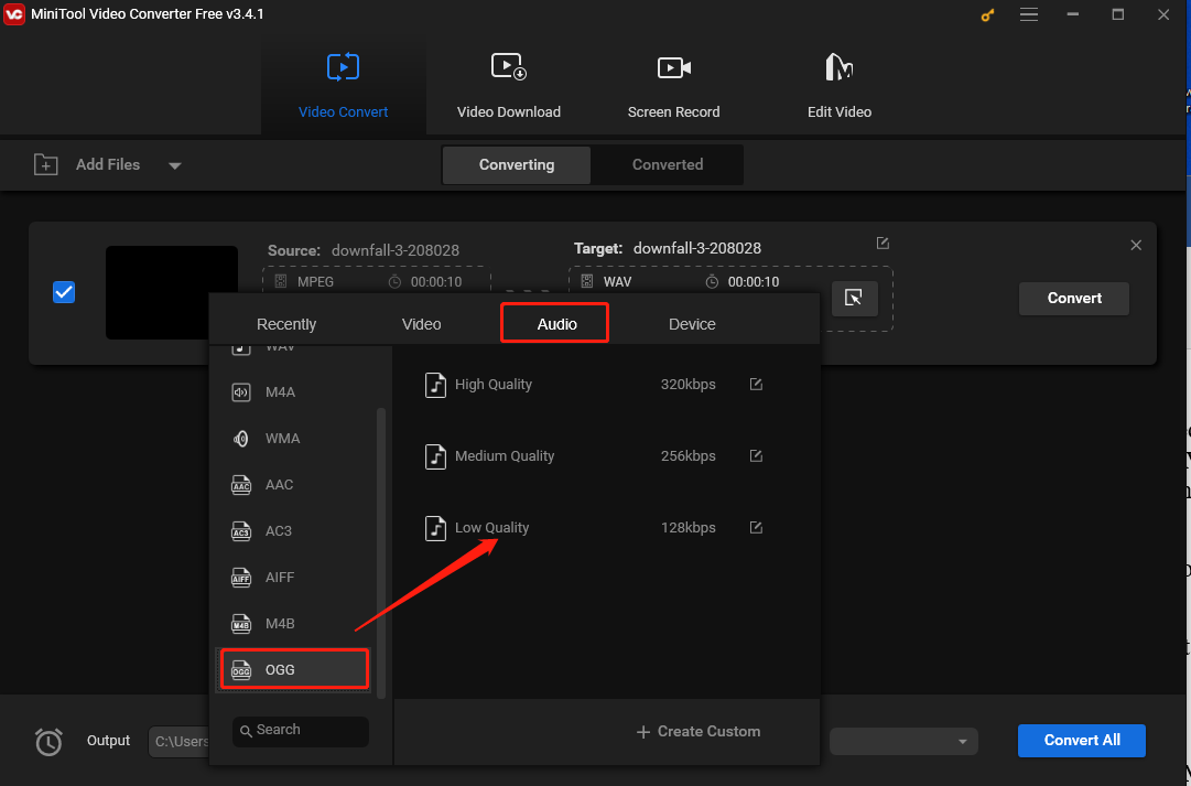 Choose OGG as the output format