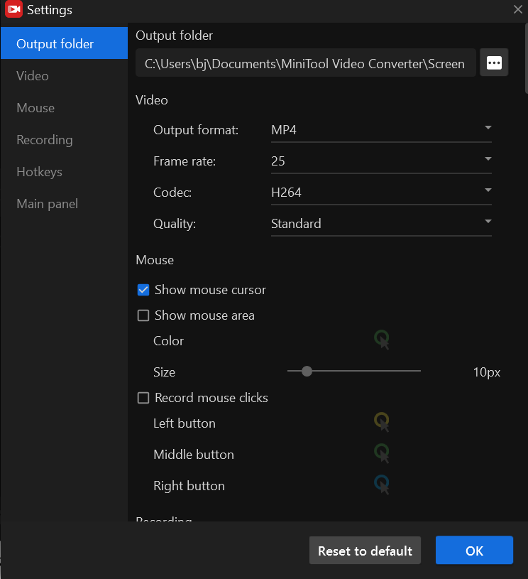 the Settings window of MiniTool Screen Recorder