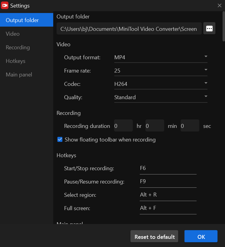 the Settings page of MiniTool Screen Recorder