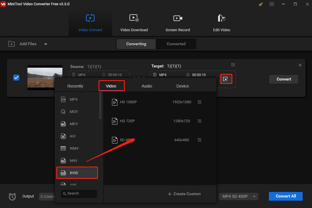 select XVID as the output format