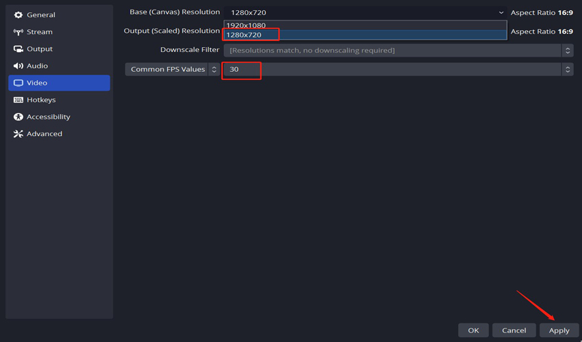 set the resolution and frame rate