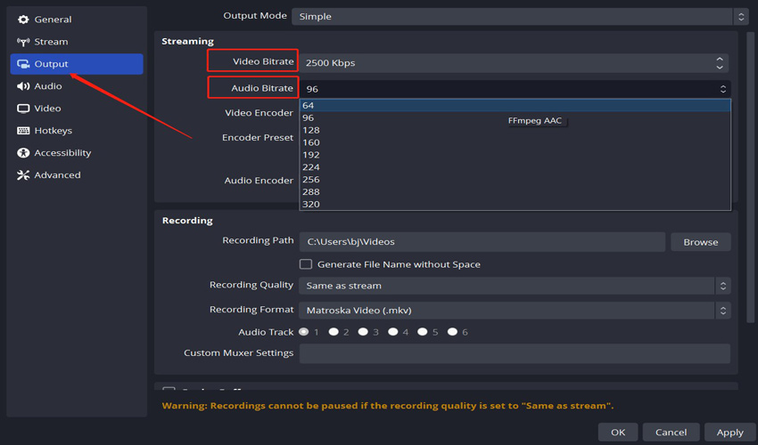 adjust streaming bitrate