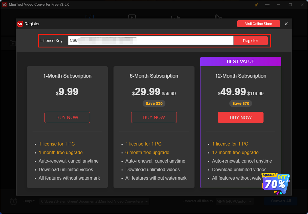 input license key into MiniTool Video Converter