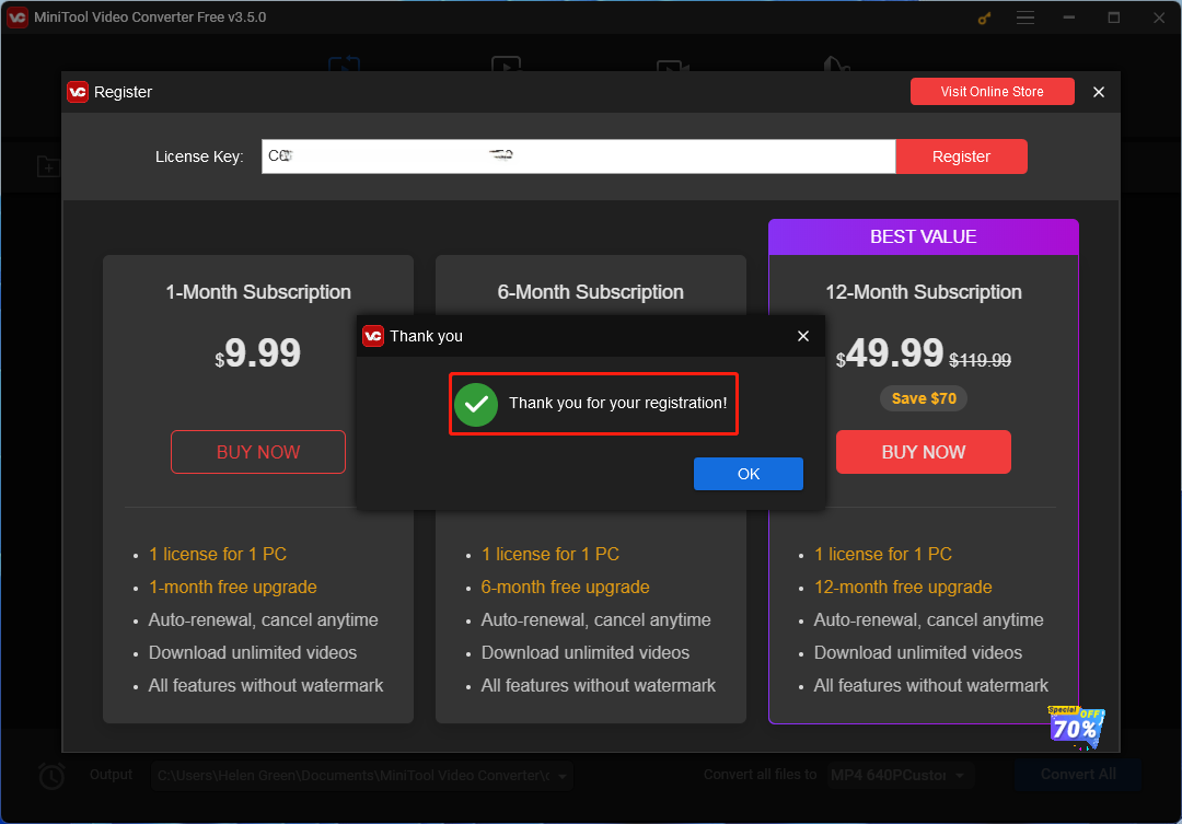 thank you for registering MiniTool Video Converter