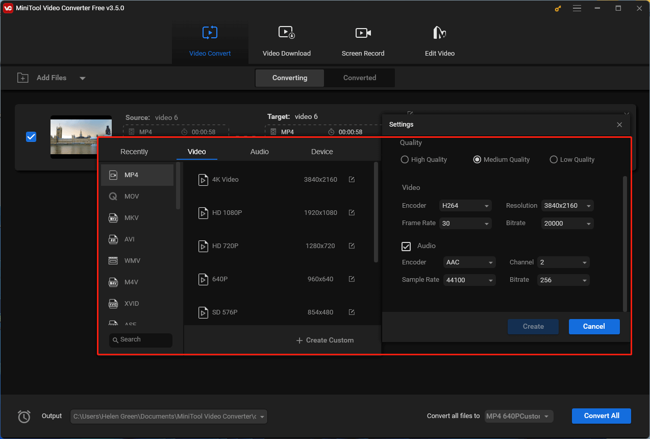 target video settings during conversion