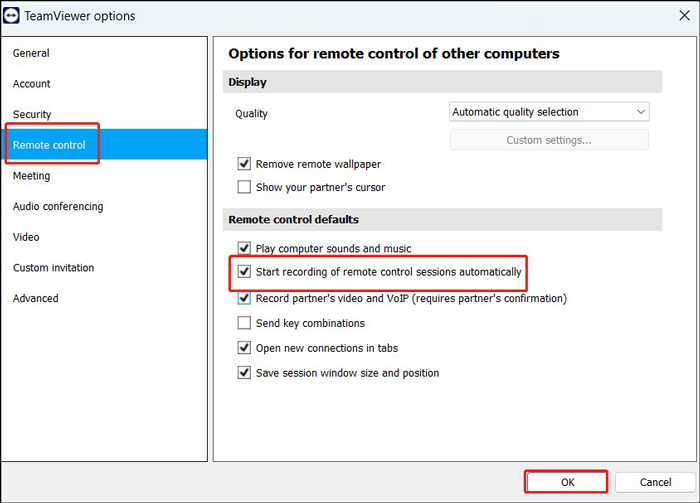 tick the Start recording of remote control sessions automatically checkbox