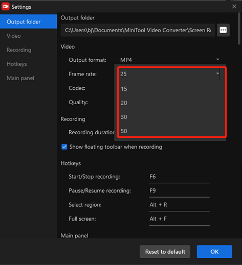 MiniTool Screen Recorder frame rate settings