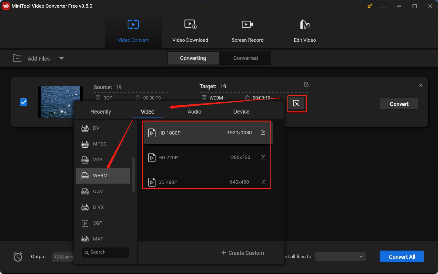 choose WEBM as the output format