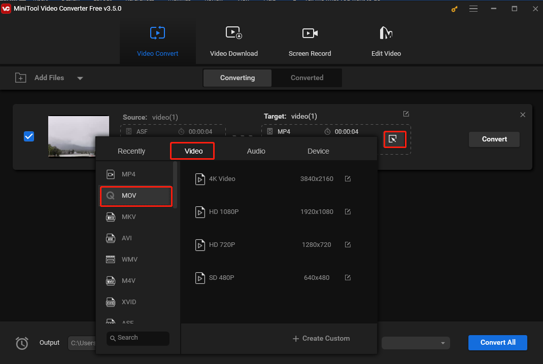 choose MOV as the output format