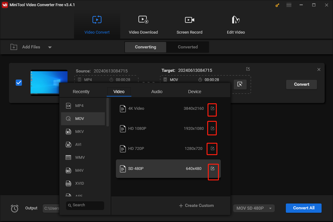 Click the Settings Icon to Preset the Output Format