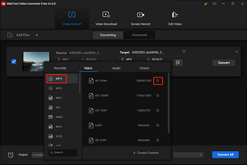 Select MP4 and the video quality level