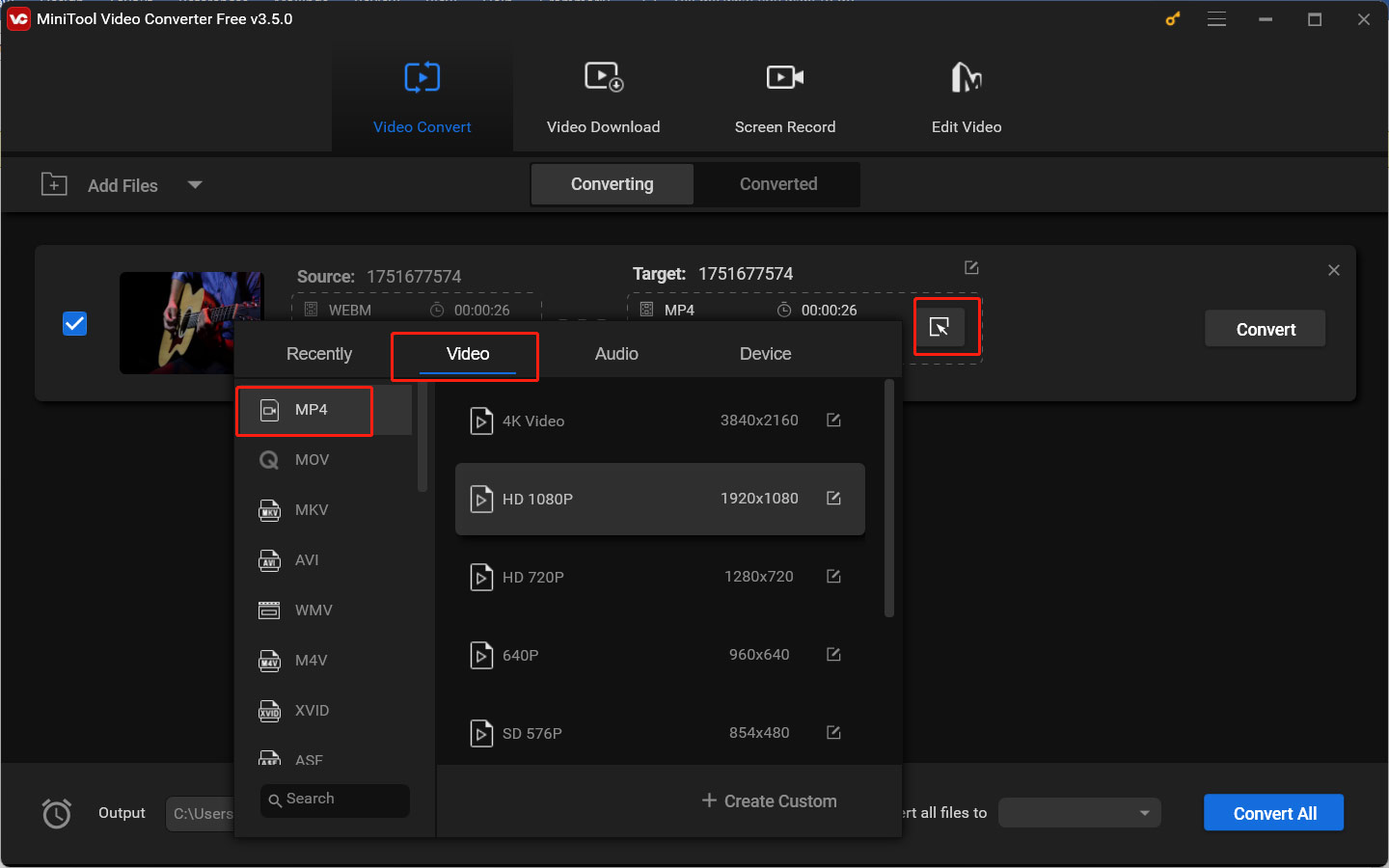 choose MP4 as the output format