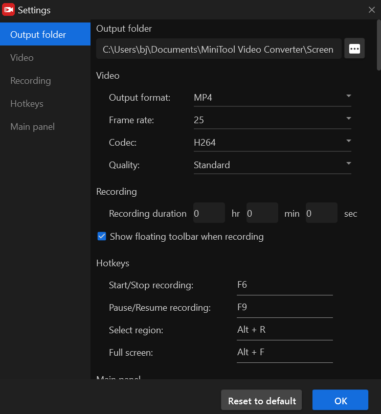 the Settings window of MiniTool Screen Recorder