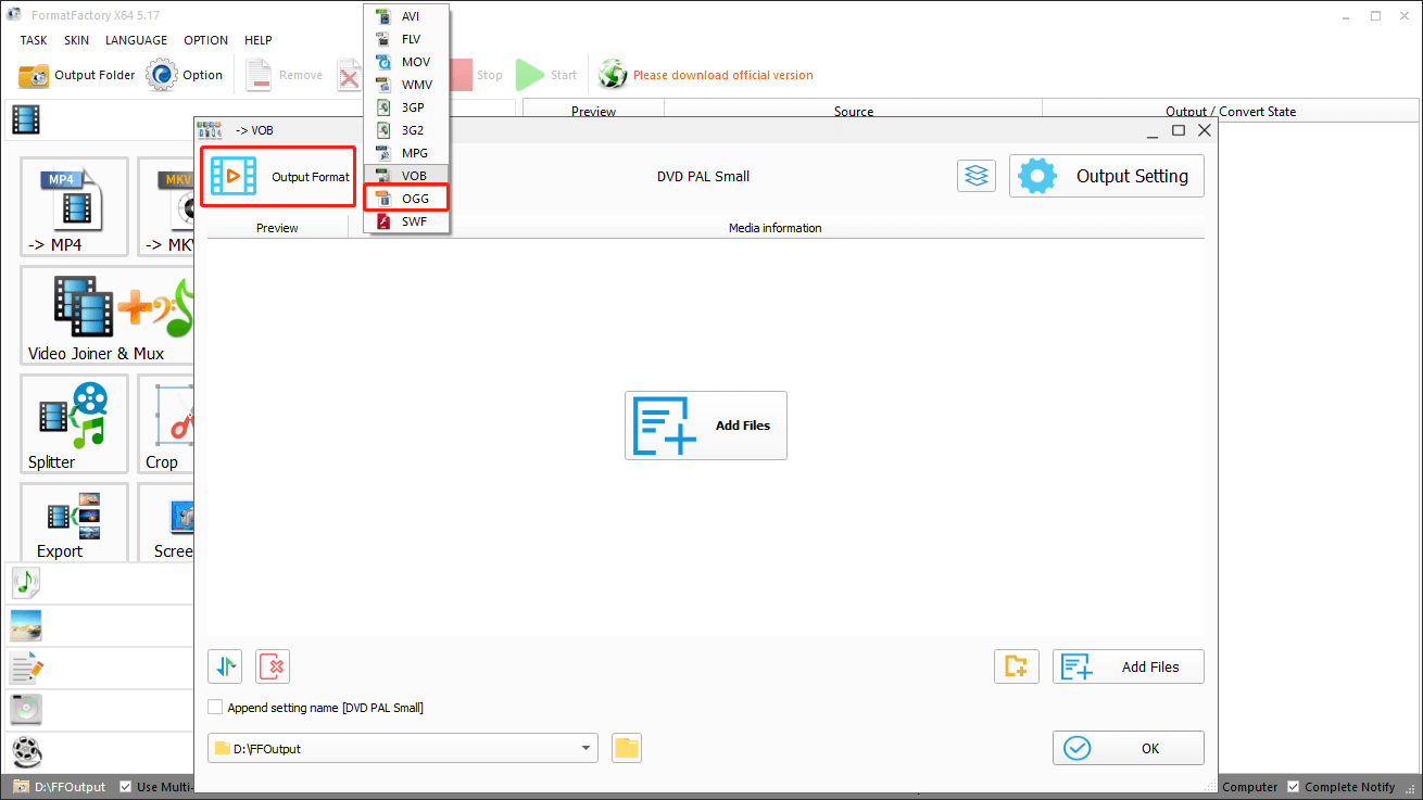 Select OGG as an Output Format