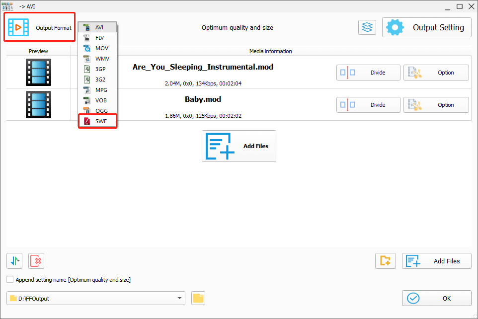 Choose SWF as the Output Format