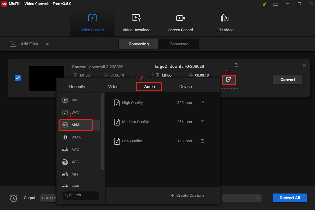 choose M4A as the output format