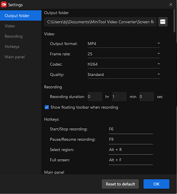MiniTool Screen Recorder settings