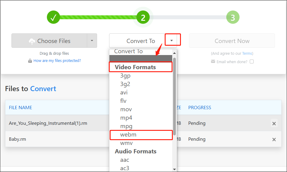 Select WEBM as the Output Format