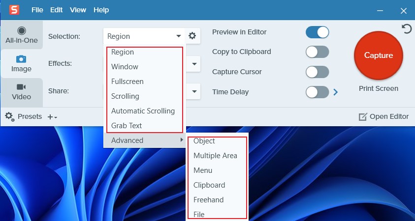 screen capture modes of Snagit