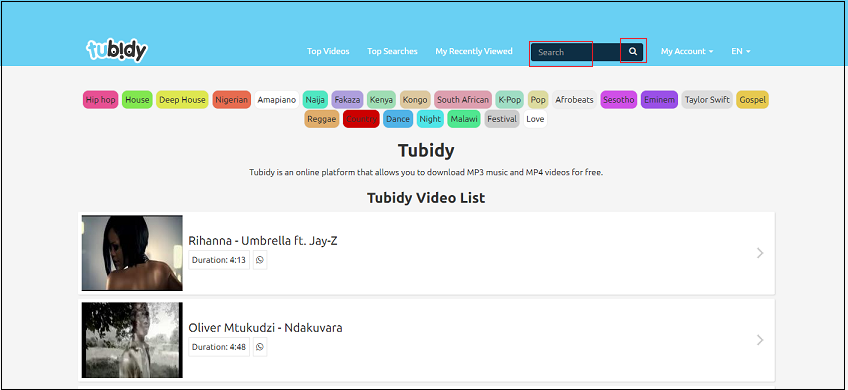 the main interface of Tubidy