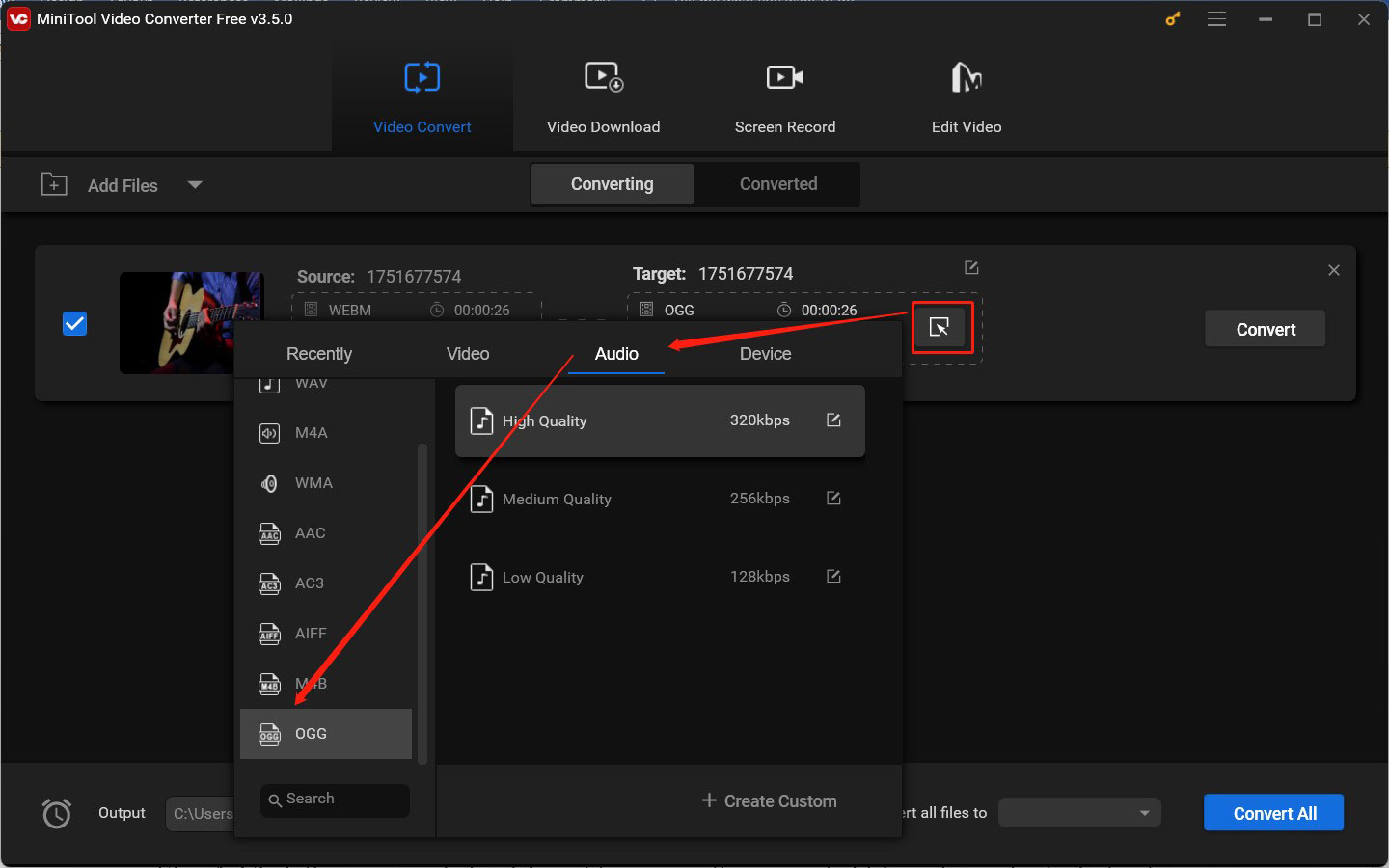 choose OGG as the output format