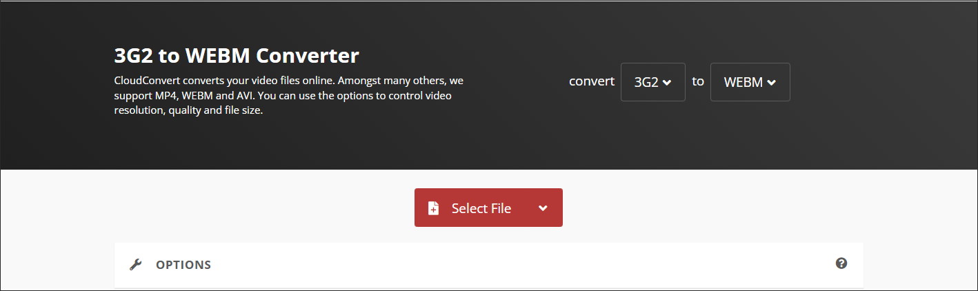 The 3G2 to WEBM Converter Page of CloudConvert