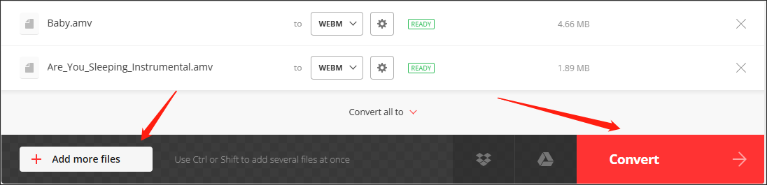 Click on Add more files and Convert →