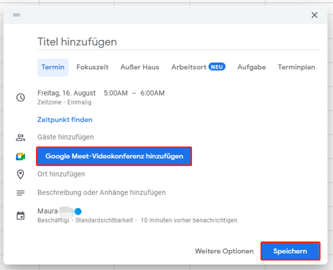 Google Meet-Videokonferenz hinzufügen