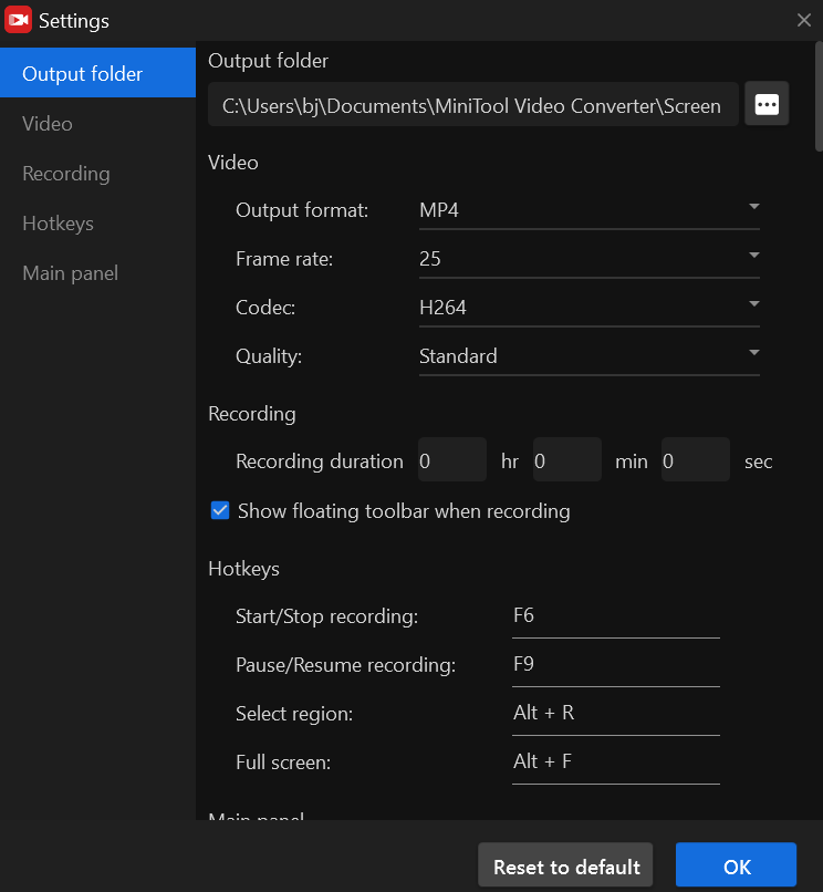 the Settings window of MiniTool Screen Recorder