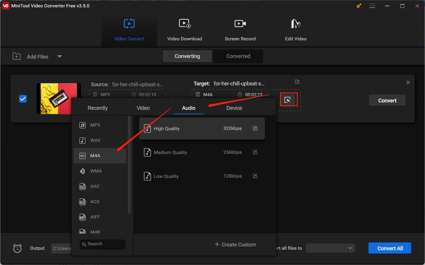 choose M4A as the output format