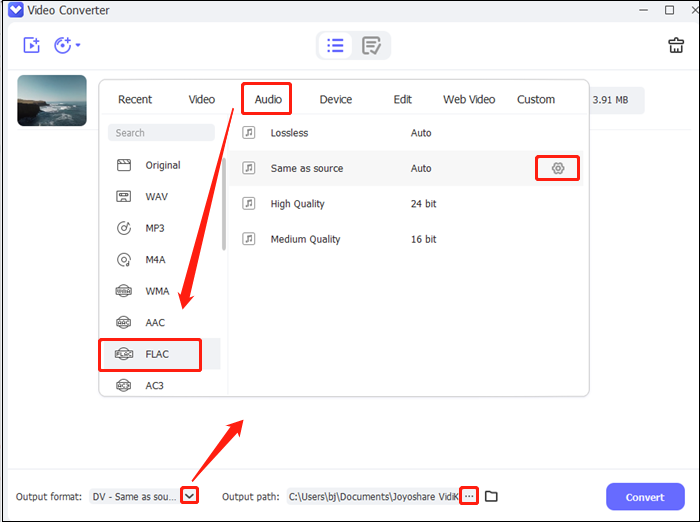 select output format to convert ISO to FLAC