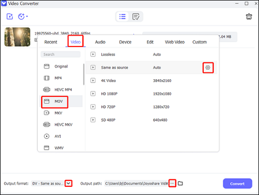 choose MOV as the output format