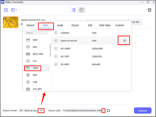 choose WMV as an output format