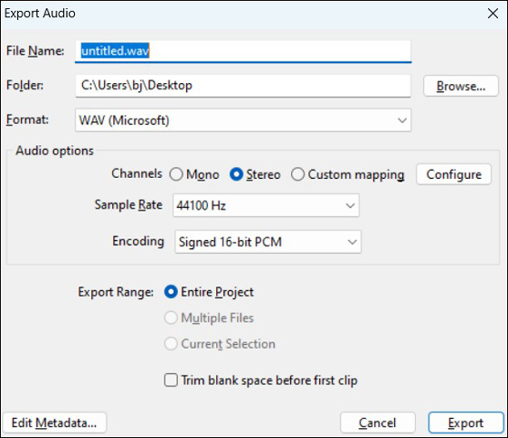 export the recorded audio file