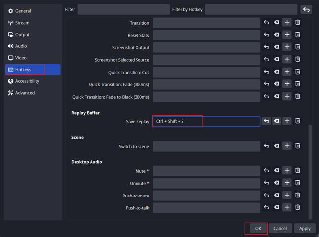 assign the hotkeys for Replay Buffer