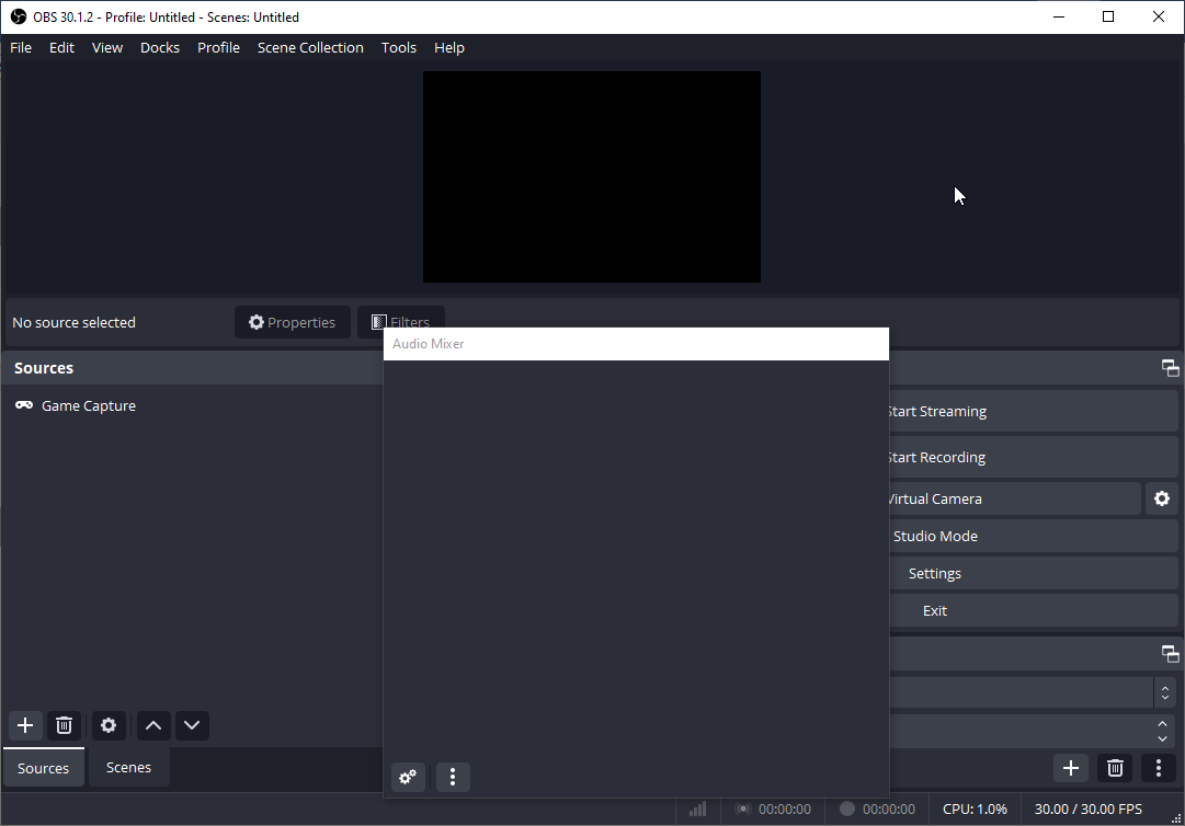 the interface of OBS Studio