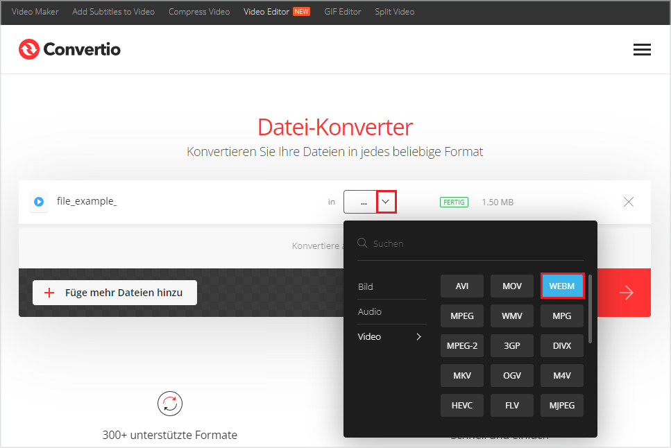 mit Convertio in WebM umwandeln