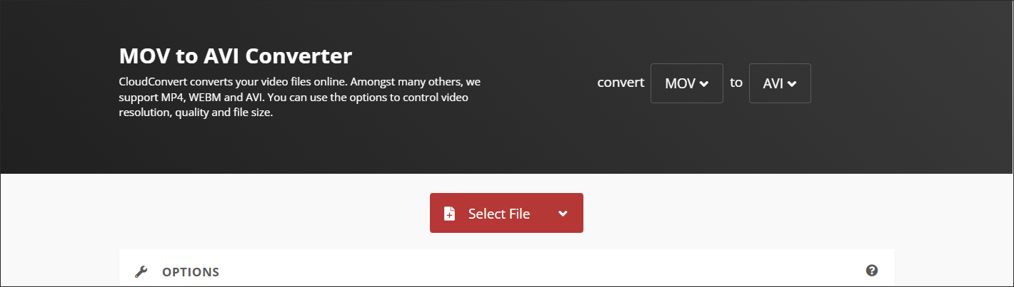 The MOV to AVI Conversion Page of CloudConvert