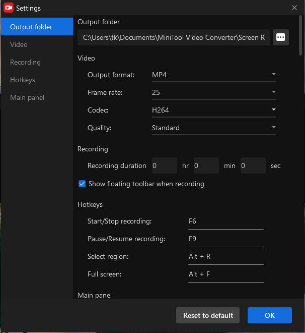 The Interface of Screen Recording Settings