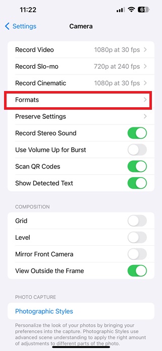 Select Camera Formats on iPhone