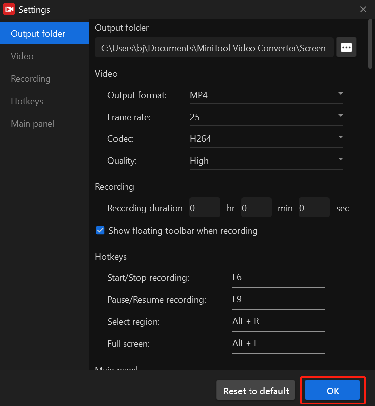 the Settings window of MiniTool Screen Recorder