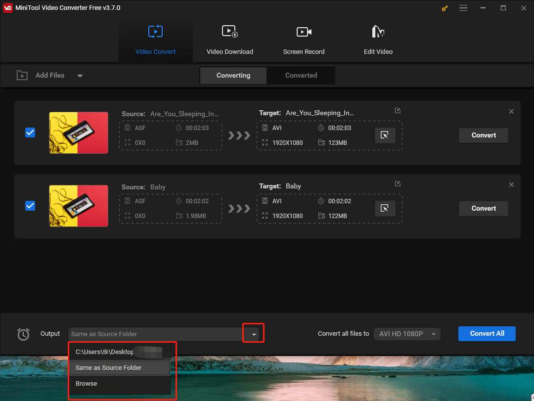 Select the Output Location