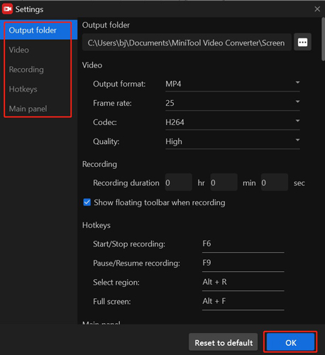 the Settings window of MiniTool Screen Recorder