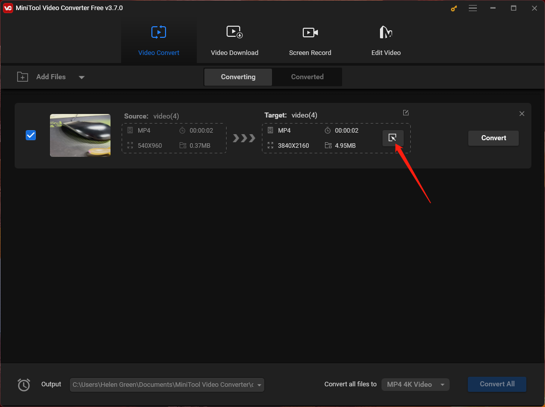 Click the Settings Icon for the Target Video in MiniTool Video Converter