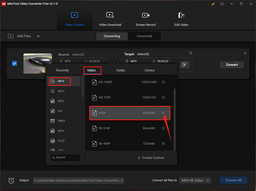 Click the Settings Icon Behind the Target MP4 Video Resolution in MiniTool Video Converter